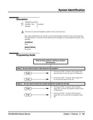 Page 363System Identiﬁcation
DS1000/2000 Software ManualChapter 1: Features355
System Identiﬁcation
Description
The system adminstrator can enter the site name and telephone number into the system data base. 
This information is saved into system memory and will appear on system diagnostic reports, once 
available.
Conditions
None
Default Setting
No entries.
Programming Guide
DS2000 Fixed Slot
Available. DS2000 U Slot
DS1000
Store the site name and telephone number in the system data base.
Step-by-step guide...