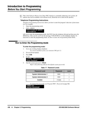 Page 444Introduction to Programming
Before You Start Programming
436Chapter 2: ProgrammingDS1000/2000 Software Manual
Telephone Programming Instructions
Telephone Programming Instructions shows you how to enter the program’s data into system mem-
ory. For example:
1. Enter the programming mode.
2. 0101 + HOLD
tells you to enter the programming mode, dial 0101 from the telephone dial pad and then press the 
HOLD key. After you do, you’ll see the message “COS NUM?xx” on the telephone display. To 
learn how to...