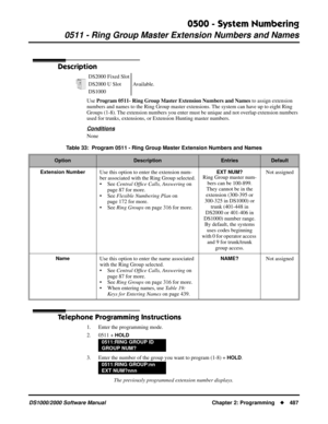 Page 4950500 - System Numbering
0511 - Ring Group Master Extension Numbers and Names
DS1000/2000 Software Manual Chapter 2: Programming487
0511 - Ring Group Master Extension Numbers and Names
Description
Use Program 0511- Ring Group Master Extension Numbers and Names to assign extension 
numbers and names to the Ring Group master extensions. The system can have up to eight Ring 
Groups (1-8). The extension numbers you enter must be unique and not overlap extension numbers 
used for trunks, extensions, or...