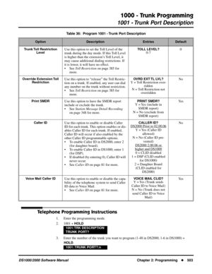 Page 5111000 - Trunk Programming
1001 - Trunk Port Description
DS1000/2000 Software Manual Chapter 2: Programming503
Telephone Programming Instructions
1. Enter the programming mode.
2. 1001 + 
HOLD
3. Enter the number of the trunk you want to program (1-48 in DS2000, 1-6 in DS1000) + 
HOLD.
Trunk Toll  Restriction 
LevelUse this option to set the Toll Level of the 
trunk during the day mode. If this Toll Level 
is higher than the extension’s Toll Level, it 
may cause additional dialing restrictions. If 
it is...