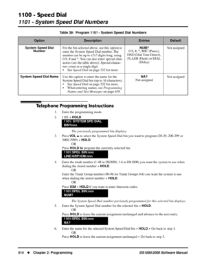 Page 5221100 - Speed Dial
1101 - System Speed Dial Numbers
514Chapter 2: ProgrammingDS1000/2000 Software Manual
Telephone Programming Instructions
1. Enter the programming mode.
2. 1101 + 
HOLD
The previously programmed bin displays.
3. Press 
VO L  to select the System Speed Dial bin you want to program (20-29, 200-299 or 
2000-2999) + 
HOLD.
OR
Press 
HOLD to program the currently selected bin.
4. Enter the trunk number (1-48 in DS2000, 1-6 in DS1000) you want the system to use when 
dialing the stored...