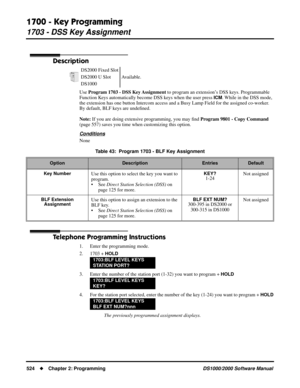 Page 5321700 - Key Programming
1703 - DSS Key Assignment
524Chapter 2: ProgrammingDS1000/2000 Software Manual
1703 - DSS Key Assignment
Description
Use Program 1703 - DSS Key Assignment to program an extension’s DSS keys. Programmable 
Function Keys automatically become DSS keys when the user press 
ICM. While in the DSS mode, 
the extension has one button Intercom access and a Busy Lamp Field for the assigned co-worker. 
By default, BLF keys are undeﬁned.
Note: If you are doing extensive programming, you may...