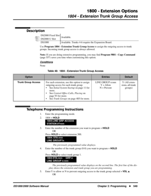 Page 5571800 - Extension Options
1804 - Extension Trunk Group Access
DS1000/2000 Software Manual Chapter 2: Programming549
1804 - Extension Trunk Group Access
Description
Use Program 1804 - Extension Trunk Group Access to assign the outgoing access to trunk 
groups. Incoming trunk group access is always allowed.
Note: If you are doing extensive programming, you may ﬁnd Program 9801 - Copy Command 
(page 557) saves you time when customizing this option.
Conditions
None
Telephone Programming Instructions
1. Enter...