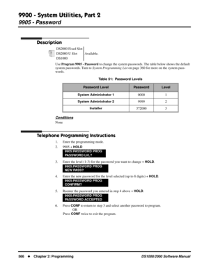 Page 5749900 - System Utilities, Part 2
9905 - Password
566Chapter 2: ProgrammingDS1000/2000 Software Manual
9905 - Password
Description
Use Program 9905 - Password to change the system passwords. The table below shows the default 
system passwords. Turn to System Programming List on page 360 for more on the system pass-
words.
Conditions
None
Telephone Programming Instructions
1. Enter the programming mode.
2. 9905 + 
HOLD
3. Enter the level (1-3) for the password you want to change + HOLD. 
4. Enter the new...