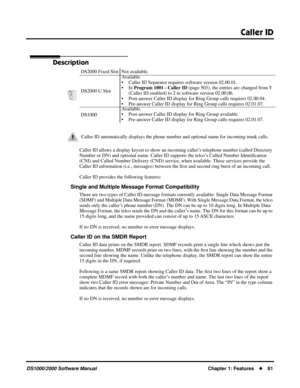 Page 89Caller ID
DS1000/2000 Software ManualChapter 1: Features81
Caller ID
Description
Caller ID allows a display keyset to show an incoming caller’s telephone number (called Directory 
Number or DN) and optional name. Caller ID supports the telco’s Called Number Identiﬁcation 
(CNI) and Called Number Delivery (CND) service, when available. These services provide the 
Caller ID information (i.e., messages) between the ﬁrst and second ring burst of an incoming call.
Caller ID provides the following features:...