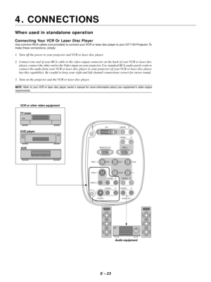 Page 32E Ð 23
4. CONNECTIONS
When used in standalone operation
Connecting Your VCR Or Laser Disc Player
Use common RCA cables (not provided) to connect your VCR or laser disc player to your GT1150 Projector. To
make these connections, simply:
1. Turn off the power to your projector and VCR or laser disc player.
2. Connect one end of your RCA cable to the video output connector on the back of your VCR or laser disc
player, connect the other end to the Video input on your projector. Use standard RCA audio patch...