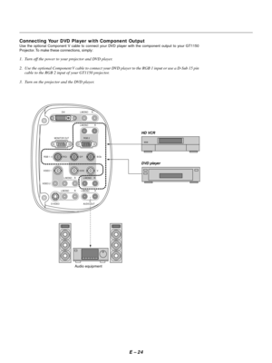 Page 33E Ð 24 Connecting Your DVD Player with Component Output
Use the optional Component V cable to connect your DVD player with the component output to your GT1150
Projector. To make these connections, simply:
1. Turn off the power to your projector and DVD player.
2. Use the optional Component V cable to connect your DVD player to the RGB 1 input or use a D-Sub 15 pin
cable to the RGB 2 input of your GT1150 projector.
3. Turn on the projector and the DVD player.
DVI L/MONO
L/MONO
RGB 2
RGB 1
VIDEO 1
VIDEO 2...