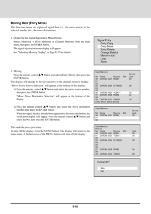 Page 62E-62
Signal Entry
Entry Copy
Entry Move
Entry Delete
Change Defalut
Memory edit
Load
Store
User Memory
P01/10
No Name Source Slot Lock
00 CUTOM 0001 RGB1 Off
01
02
03 CUTOM 0004 S-VIDEO Off
04
05
06 CUTOM 0007 YCbCr1 On
07 CUTOM 0008 RGB2 On
08
09 CUTOM 0010 VIDEO Off
Entry Move: Select Source
User Memory
P01/10
No Name Source Slot Lock
00 CUTOM 0001 RGB1 Off
01
02
User Memory
P01/10
No Name Source Slot Lock
00 CUTOM 0001 RGB1 Off
01 CUTOM 0007 YCbCr1 On
02
03 CUTOM 0004 S-VIDEO Off
04
05
06
07 CUTOM...