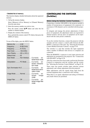 Page 70E-70
¥ Detailed list of memory
This function displays detailed information about the registered
memory.
1. Call up the memory display.
Select [Memory]®[User Memory] or [Channel Memory]
from the main menu.
2. Select the memory number you wish to view.
Press the remote control s/t button and select the list
number or channel number.
3. Display the contents of the memory.
Press and hold the remote control CTL button, then press the
DISPLAY button.
To turn off the diplay, press the MENU button.CONTROLLING...