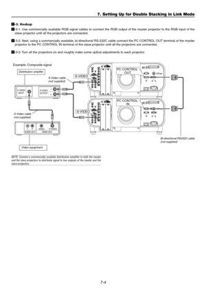 Page 677-4
z-3. Hookup
z-3-1. Use commercially available RGB signal cables to connect the RGB output of the master projector to the RGB input of the
slave projector until all the projectors are connected.
z-3-2. Next, using a commercially available, bi-directional RS-232C cable connect the PC CONTROL OUT terminal of the master
projector to the PC CONTROL IN terminal of the slave projector until all the projectors are connected.
z-3-3. Turn all the projectors on and roughly make some optical adjustments to each...