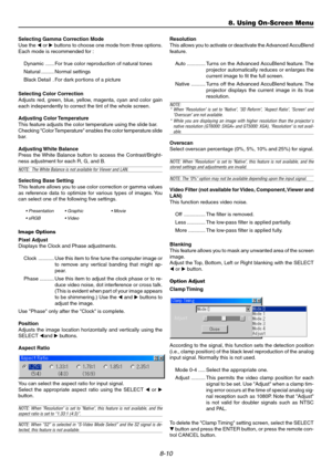Page 798-10
Selecting Gamma Correction Mode
Use the orbuttons to choose one mode from three options.
Each mode is recommended for :
Dynamic ...... For true color reproduction of natural tones
Natural ......... Normal settings
Black Detail . For dark portions of a picture
Selecting Color Correction
Adjusts red, green, blue, yellow, magenta, cyan and color gain
each independently to correct the tint of the whole screen.
Adjusting Color Temperature
This feature adjusts the color temperature using the slide bar....