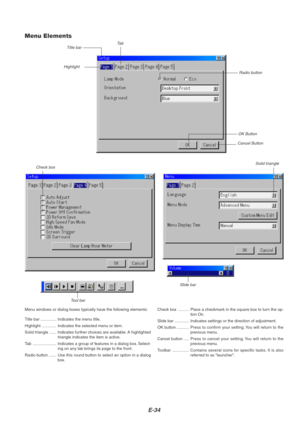 Page 38E-34
Menu windows or dialog boxes typically have the following elements:
Title bar .............. Indicates the menu title.
Highlight ............. Indicates the selected menu or item.
Solid triangle ...... Indicates further choices are available. A highlighted
triangle indicates the item is active.
Tab..................... Indicates a group of features in a dialog box. Select-
ing on any tab brings its page to the front.
Radio button ....... Use this round button to select an option in a dialog
box....