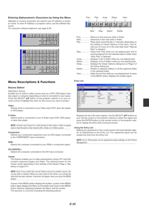 Page 39E-35
Entering Alphanumeric Characters by Using the Menu
Alphabet or numeric characters are used for your IP address or projec-
tor name. To enter IP Address or projector name, use the software key-
board.
For using the software keyboard, see page E-56.
Menu Descriptions & Functions
Source Select
Selecting a Source
Enables you to select a video source such as a VCR, DVD player, laser
disc player or computer depending on what is connected to your inputs.
Press the SELECT  button on the projector cabinet...