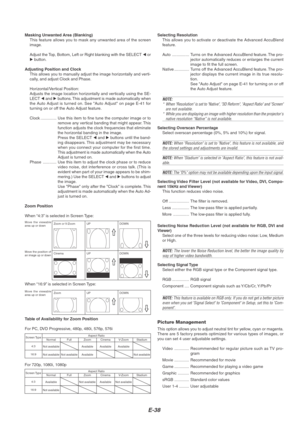 Page 42E-38
Masking Unwanted Area (Blanking)
This feature allows you to mask any unwanted area of the screen
image.
Adjust the Top, Bottom, Left or Right blanking with the SELECT  or
 button.
Adjusting Position and Clock
This allows you to manually adjust the image horizontally and verti-
cally, and adjust Clock and Phase.
Horizontal/Vertical Position:
Adjusts the image location horizontally and vertically using the SE-
LECT  and  buttons. This adjustment is made automatically when
the Auto Adjust is turned...