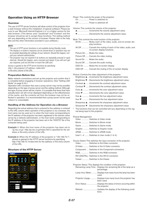 Page 61E-57
Operation Using an HTTP Browser
Overview
The use of HTTP server functions will allow control of the projector from
a web browser without the installation of special software. Please be
sure to use “Microsoft Internet Explorer 4.x” or a higher version for the
web browser. (This device uses “JavaScript” and “Cookies” and the
browser should be set to accept these functions. The setting method
will vary depending on the version of browser. Please refer to the help
files and the other information...