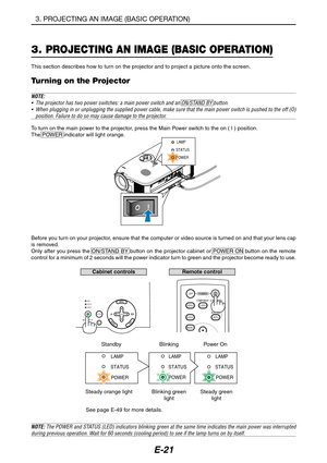 Page 32E-21
3. PROJECTING AN IMAGE (BASIC OPERATION)
This section describes how to turn on the projector and to project a picture onto the screen.
Turning on the Projector
NOTE:
•The projector has two power switches: a main power switch and an ON/STAND BY button.
•When plugging in or unplugging the supplied power cable, make sure that the main power switch is pushed to the off (O)
position. Failure to do so may cause damage to the projector.
To turn on the main power to the projector, press the Main Power...