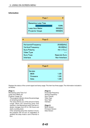 Page 54E-43
Information
Displays the status of the current signal and lamp usage. This item has three pages. The information included is
as follows:
[Page 1]
Remaining Lamp Time (%)*
Lamp Hour Meter (H)
Projector Usage (H)
*The progress indicator shows the percentage
of remaining bulb life.
The value informs you of the amount of lamp
usage. When the remaining lamp time
reaches 0, the Remaining Lamp Time bar in-
dicator changes from 0% to 100 Hours and
starts counting down.
If the remaining lamp time reaches 0...