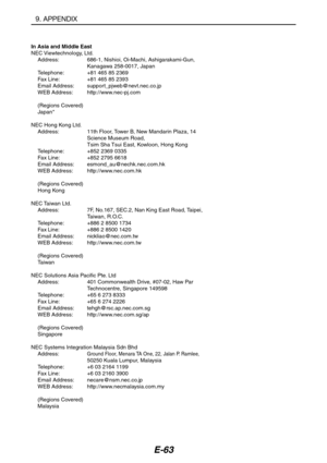 Page 74E-63
In Asia and Middle East
NEC Viewtechnology,  Ltd.
Address: 686-1, Nishioi, Oi-Machi, Ashigarakami-Gun,
Kanagawa 258-0017, Japan
Telephone: +81 465 85 2369
Fax Line: +81 465 85 2393
Email Address: support_pjweb@nevt.nec.co.jp
WEB Address: http://www.nec-pj.com
(Regions Covered)
Japan*
NEC Hong Kong Ltd.
Address: 11th Floor, Tower B, New Mandarin Plaza, 14
Science Museum Road,
Tsim Sha Tsui East, Kowloon, Hong Kong
Telephone: +852 2369 0335
Fax Line: +852 2795 6618
Email Address:...