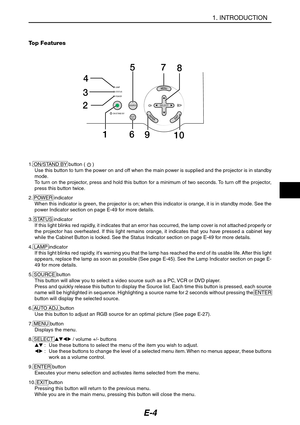 Page 15E-4
Top Features
LAMP
STATUS
POWER
SOURCE
AUTO
ADJ.ON/STAND BY
SELECT
3
24
5
87
16910
1. INTRODUCTION
1. ON/STAND BY button (  )
Use this button to turn the power on and off when the main power is supplied and the projector is in standby
mode.
To turn on the projector, press and hold this button for a minimum of two seconds. To turn off the projector,
press this button twice.
2. POWER indicator
When this indicator is green, the projector is on; when this indicator is orange, it is in standby mode. See...