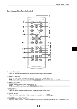 Page 17E-6
Part Names of the Remote Control
1. Infrared Transmitter
Direct the remote control toward the remote sensor on the projector cabinet.
2. POWER ON Button
When the main power is on, you can use this button to turn your projector on.
NOTE: To turn on the projector, press and hold the POWER ON button for a minimum of two seconds.
3. POWER OFF Button
You can use this button to turn your projector off.
NOTE: To turn off the projector, press the POWER OFF button twice.
4. VIDEO  Button
Press this button to...