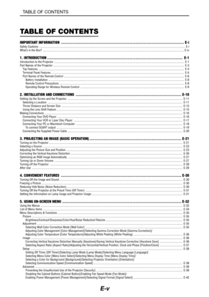 Page 10E-v
TABLE OF CONTENTS
IMPORTANT INFORMATION ................................................................................................... E-iSafety Cautions ................................................................................................................................................................................................... E-i
What’s in the Box?...