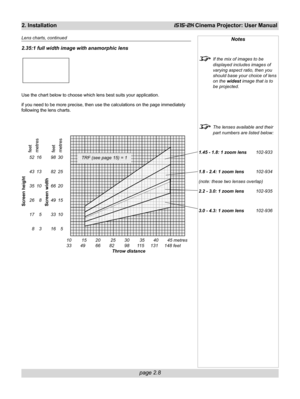 Page 24page 2.8
2. InstallationiS15-2K Cinema Projector: User Manual
Notes
If the mix of images to be
displayed includes images of
varying aspect ratio, then you
should base your choice of lens
on the widest image that is to
be projected.
The lenses available and their
part numbers are listed below:
1.45 - 1.8: 1 zoom lens102-933
1.8 - 2.4: 1 zoom lens102-934
(note: these two lenses overlap)
2.2 - 3.0: 1 zoom lens102-935
3.0 - 4.3: 1 zoom lens102-936
2.35:1 full width image with anamorphic lens
Use the chart...