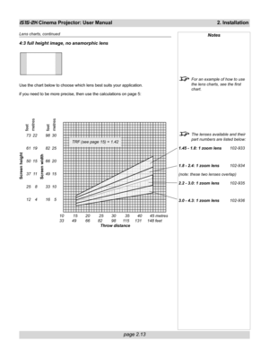 Page 29page 2.13
iS15-2K Cinema Projector: User Manual 2. Installation
Notes
For an example of how to use
the lens charts, see the first
chart.
The lenses available and their
part numbers are listed below:
1.45 - 1.8: 1 zoom lens102-933
1.8 - 2.4: 1 zoom lens102-934
(note: these two lenses overlap)
2.2 - 3.0: 1 zoom lens102-935
3.0 - 4.3: 1 zoom lens102-936
Lens charts, continued
4:3 full height image, no anamorphic lens
Use the chart below to choose which lens best suits your application.
if you need to be...