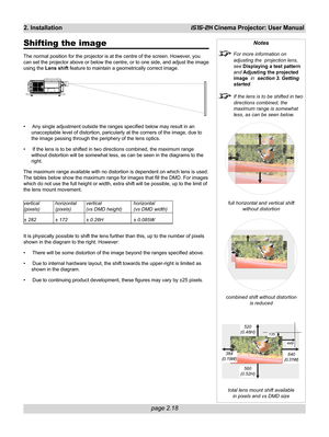 Page 34page 2.18
2. InstallationiS15-2K Cinema Projector: User Manual
Shifting the image
The normal position for the projector is at the centre of the screen. However, you
can set the projector above or below the centre, or to one side, and adjust the image
using the Lens shift feature to maintain a geometrically correct image.
•  Any single adjustment outside the ranges specified below may result in an
unacceptable level of distortion, paricularly at the corners of the image, due to
the image passing through...