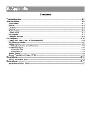 Page 73
6. Appendix
Contents
6. Appendix6.1
Troubleshooting........................................................................\
........................................ ...... 6.2
Specifications ........................................................................\
......................................... ......... 6.4
Part numbers........................................................................\
........................................... ................................ 6.4
Optical...