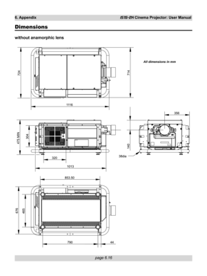 Page 88
page 6.16
6. AppendixiS15-2K Cinema Projector: User Manual
Dimensions
without anamorphic lens
All dimensions in mm 