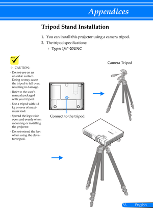 Page 6053... English
Appendices
Tripod Stand Installation
1. You can install this projector using a camera tripod.
2. The tripod specifications:
  Type: 1/4”-20UNC
Connect to the tripod
Camera Tripod
	CAUTION:
-  Do not use on an unstable surface. Doing so may cause the tripod to fall over, resulting in damage.
-  Refer to the user’s manual packaged with your tripod.
-  Use a tripod with 1.2 kg or over of maxi-mum load.
-  Spread the legs wide open and evenly when mounting or installing the projector.
-  Do...