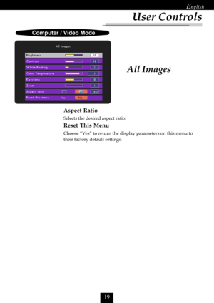 Page 21	

All Images
Aspect Ratio
Selects the desired aspect ratio.
Reset This Menu
Choose “Yes” to return the display parameters on this menu to
their factory default settings.
	
	
	

User Controls   