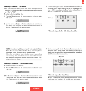 Page 38Selecting a File from a List of Files
* The Viewer feature allows you to store one or more presentation
materials in a single flash memory card. Each material is referred to
as a file or slide.
To select a file from a list of files
1. Press the Menu button on the remote control or cabinet to select
PC Card.
H G
EFD C
AB
presentation
presentation presentationpresentation
presentation
presentation presentationpresentation
Table Cursor
8 7
564 3
12
File
File FileFile
File
File FileFileMulti Cursor
2. Use...