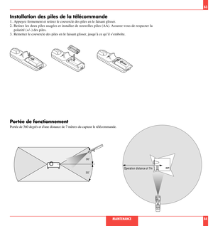 Page 4383
MAINTENANCE84
Installation des piles de la tŽlŽcommande
1. Appuyez fermement et retirez le couvercle des piles en le faisant glisser.
2. Retirez les deux piles usagŽes et installez de nouvelles piles (AA). Assurez-vous de respecter la
polaritŽ (+/Ð) des piles.
3. Remettez le couvercle des piles en le faisant glisser, jusquÕˆ ce quÕil sÕembo”te.
PortŽe de fonctionnement

30˚
30˚
Operation distance of 7m 
