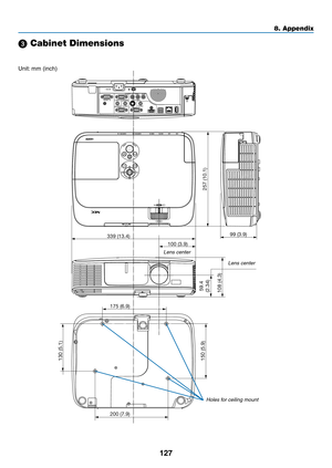 Page 137127
8. Appendix
257 (10.1)
99 (3.9)
339 (13.4)
100 (3.9)
108 (4.3)59.4
(2.34)
175 (6.9)
200 (7.9)
150 (5.9) 130 (5.1)
 Cabinet Dimensions
Lens center
Lens center
Holes for ceiling mount
Unit: 	mm	(inch) 