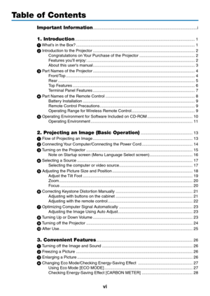 Page 8vi
Table of Contents
Important Information ........................................................................\
....................i
1. Introduction  ........................................................................\
..................................1
1
	 What’s	in	the	Box? ........................................................................\
.................................1

	Introduction	to	the	Projector  ........................................................................\...