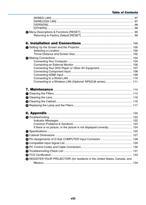 Page 10viii
Table of Contents
[WIRED	LAN] ........................................................................\
.................................97
[WIRELESS	LAN]  ........................................................................\
..........................97
[VERSION]
  ........................................................................\
.....................................98
[OTHERS]
  ........................................................................\...