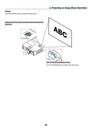 Page 3423
2. Projecting an Image (Basic Operation)
Focus
Use	the	FOCUS	ring	to	obtain	the	best	focus.
Focus Ring
Focus Lever
[M402X/M362X//M322X/M282XM402W/M362W/
M322W][M332XS/M352WS/M302WS]
Use	the	FOCUS	lever	to	obtain	the	best	focus. 