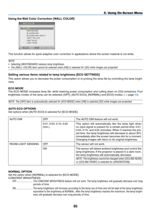 Page 10695
5. Using On-Screen Menu
Using the Wall Color Correction [WALL COLOR]
 
This	function	allows	for	quick	adaptive	color	correction	in	applications	where	the	screen	material	is	not	white.
NOTE:
•	 Selecting	[WHITEBOARD]	reduces	lamp	brightness.
•	 The	[WALL	COLOR]	item	cannot	be	selected	when	[ON]	is	selected	for	[3D]	while	images	are	projected.
Setting	various	items	related	to	lamp	brightness	[ECO	SETTINGS]
This	option	 allows	 you	to	decrease	 the	power	 consumption	 or	to	prolong	 the	lamp	 life	by...