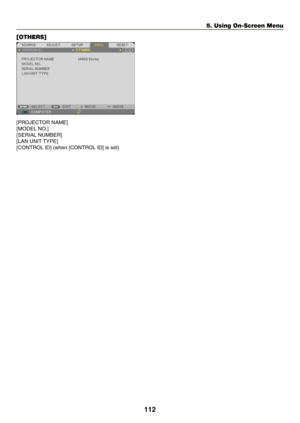 Page 123112
5. Using On-Screen Menu
[OTHERS]
[PROJECTOR	NAME]
[MODEL	NO.]
[SERIAL	NUMBER]
[LAN	UNIT	TYPE]
[CONTROL	ID]	(when	[CONTROL	ID]	is	set) 