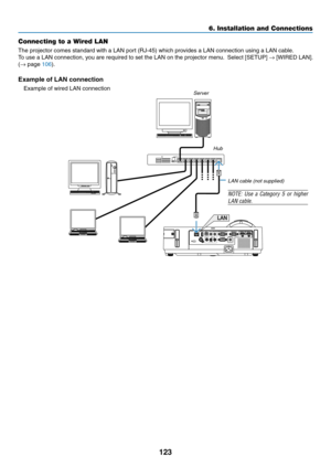 Page 134123
6. Installation and Connections
Connecting to a Wired LAN
The	projector	comes	standard	with	a	LAN	port	(RJ-45)	which	provides	a	LAN	connection	using	a	LAN	cable.	
To	use	 a	LAN	 connection,	 you	are	required	 to	set	 the	 LAN	 on	the	 projector	 menu.		Select	 [SETUP]	→	[WIRED	 LAN].	
(→	page	106).
Example of LAN connection
Example	of	wired	LAN	connectionServer
Hub
LAN cable (not supplied)
NOTE:	 Use	a	Category	 5	or	 higher	
LAN	cable. 