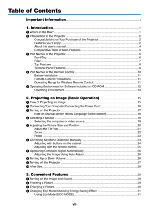 Page 9vii
Table of Contents
Important Information ........................................................................\
....................i
1. Introduction  ........................................................................\
...................................1
❶
	 What’s	in	the	Box? ........................................................................\
..................................1
❷
	Introduction	to	the	Projector  ........................................................................\...