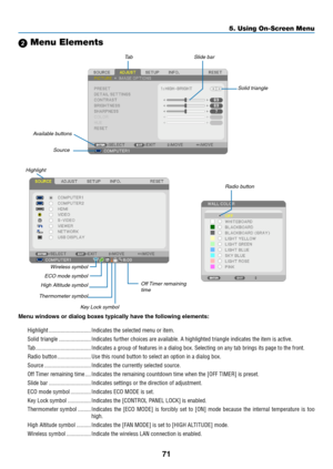 Page 8171
5. Using On-Screen Menu
 Menu Elements
Slide barSolid triangleTab
Radio button
High Altitude symbol ECO mode symbol Wireless symbol
Menu	windows	or	dialog	boxes	typically	have	the	following	elements:
Highlight 
�����������������������������Indicates the selected menu or item� 
Solid triangle  ����������������������Indicates further choices are available� A highlighted triangle indicates the item is active� 
Tab ��������������������������������������Indicates a group of features in a dialog box�...