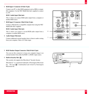 Page 136RGB Input 1 Connector (D-Sub 15 pin)
Connect your PC or other RGB equipment such as IBM or compat-
ible computers. Use the NEC MultiCable thats supplied to connect
to a PC.
RGB 1 Audio Input Mini Jack
This is where you connect RGB audio output from a computer or
another RGB source.
7RGB Input 2 Connector (Mini D-Sub 15 pin)
Connect a Macintosh or compatible computer here using the NEC
MultiCable thats supplied.
RGB 2 Audio Input Mini Jack
This is where you connect a second RGB audio output from a...