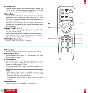 Page 1515INTRODUCTION27
28
OFF ON
PC CARD VIDEO
RGB 1
MENU
R-CLICK/CANCELLASER
SLIDE
VOLUME
S-VIDEO
POINTER
MAGNIFYPIC-MUTE FREEZE
RGB 2
+
–
+ –
+
–+
–
FOCUSKEYSTONEZOOM
+
–+
–+
–
POWER
15 Freeze Button
This button will freeze a picture. Press again to resume motion.
16 Picture Mute Button
This button turns off the image for a short period of time. Press
again to restore the image.
17 Pointer Button
Use this button to move your Pointer icon to the area you want on
the screen, then press the Magnify button on...