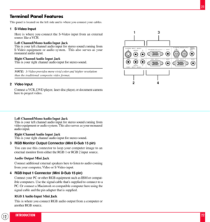 Page 1212
Terminal Panel Features
This panel is located on the left side and is where you connect your cables.
INTRODUCTION21
22
PC CONTROL MOUSE OUTPUTREMOTE
CONTROL
INPUT
AUDIO RGB   INPUT   2
AUDIO RGB   INPUT   1
AUDIO RGB MONITOR OUTPUTR L/MONO INPUT    AUDIO S–VIDEO
R L/MONO
INPUT    AUDIO VIDEO
13
24 1 S-Video Input
Here is where you connect the S-Video input from an external
source like a VCR.
Left Channel/Mono Audio Input Jack
This is your left channel audio input for stereo sound coming from
S-Video...