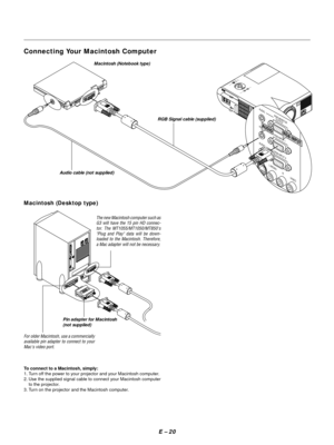 Page 23E Ð 20
MENUENTERCANCELSELECT
POWER STATUS
ON/STAND BYSOURCE A
UTO ADJUST
AC INS-VIDEO
VIDEO AUDIOR
GB IN
PUT 2
AUDIO
RGB INPUT 1
L/M
ONO
R
AUDIORGB MONITOR
   OUTPUT
USB
PC-CARDC 
CONTROLMOUSE
OUTREMOT
CONTR
INPU
S
-V
ID
E
O
V
ID
E
O A
U
D
IOR
G
B
 IN
P
U
T
 2
AUDIORGB INPUT 1
L/M
O
N
O
R
AUDIORG
B MONITOR
   OUTPUT
RGB INPUT
AUDIO
Macintosh (Notebook type)
RGB Signal cable (supplied)
Audio cable (not supplied)
1O
ND
I
P
23456
Pin adapter for Macintosh
(not supplied)
For older Macintosh, use a...