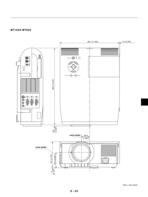 Page 56E Ð 53
Unit = mm (inch)
MT1050/MT850
MENU
ENTERCANCEL
SELECT
POWER STATUS
SOURCE AUTO  ADJUST
AC IN
USB
S-VIDEO
VIDEO AUDIO RGB INPUT 2 AUDIO RGB INPUT 1
L
/MONO
R
AUDIORGB MONITOR
OUTPUT
1.5 (0.06)
281 (11.06)
 73.5 (2.89) 121 (4.76)
4
(0.16)6.6
(0.26)364 (14.33)
39.5
(1.56)
ON/STAND BYPC CONTROLMOUSE
OUTPUTREMOTE
CONTROL
INPUT
Lens center
Lens center 