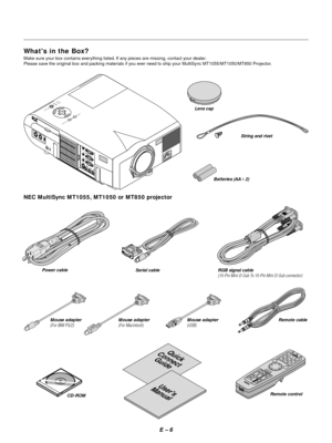 Page 9E Ð 6
Whats in the Box?
Make sure your box contains everything listed. If any pieces are missing, contact your dealer.
Please save the original box and packing materials if you ever need to ship your MultiSync MT1055/MT1050/MT850 Projector.
MENU
ENTERCANCELSELECT
POWER STATUS
O
N/STAND BYSOURCE
AUTO ADJUST
A
C
 IN
S
-V
ID
E
O
V
ID
E
O A
U
D
IOR
G
B
 IN
P
U
T
 2
A
U
D
I
OR
G
B
 IN
P
U
T
 1
L/M
O
N
O
R
A
U
D
IOR
G
B
 M
O
N
IT
O
R
   O
U
T
P
U
T
USB
PC-CARDC
 C
O
N
T
R
O
LM
O
U
S
E
O
U
TR
E
M
O
C
O
N
T
R...