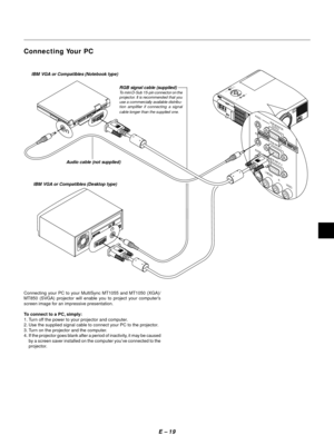 Page 22E Ð 19
MENUENTERCANCELS
E
L
E
C
T
P
O
W
E
R S
T
A
T
U
S
O
N/S
T
A
N
D
 
B
YS
O
U
R
C
EA
U
T
O A
D
J
U
S
T
AC INS-VIDEO
VIDEO AUDIO
RGB INPUT 2
AUDIO
RGB INPUT 1
L/MONO
R
AUDIORGB MONITOR
   OUTPUT
USB
PC-CARDC 
CONTROLMOUSE
OUTREMOT
CONTR
INPU
S-VIDEO
VIDEO AUDIO RGB INPUT 2
AUDIORGB INPUT 1
L/MONO
R
AUDIORGB MONITOR
   OUTPUT
RGB INPUT
AUDIO
IBM VGA or Compatibles (Notebook type)
RGB signal cable (supplied)
To mini D-Sub 15-pin connector on the
projector. It is recommended that you
use a commercially...